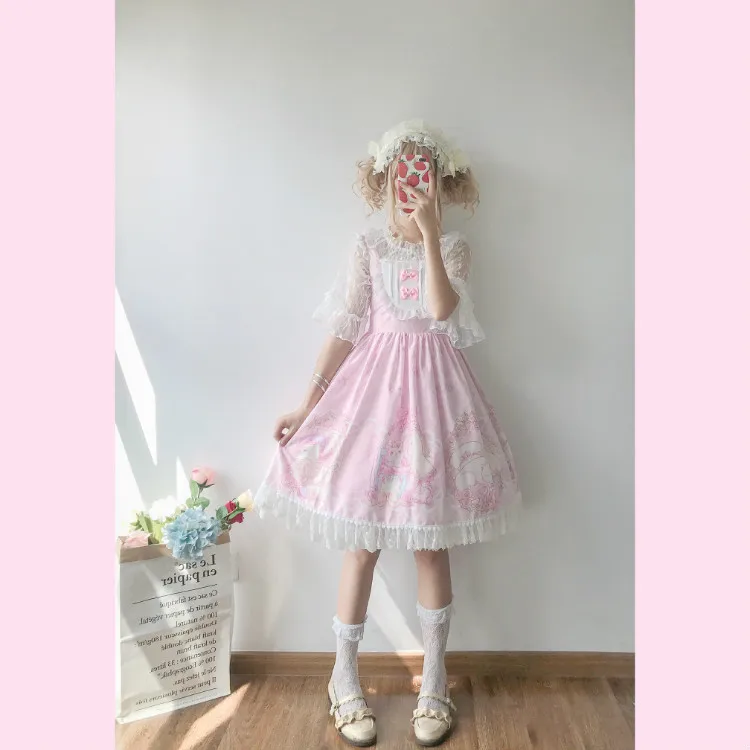 Kawaii японская Лолита АО платье женская летняя обувь мягкой сестра ветер милые с рисунком кошки с бантом в стиле «лолита» с ремешком и милым милое платье