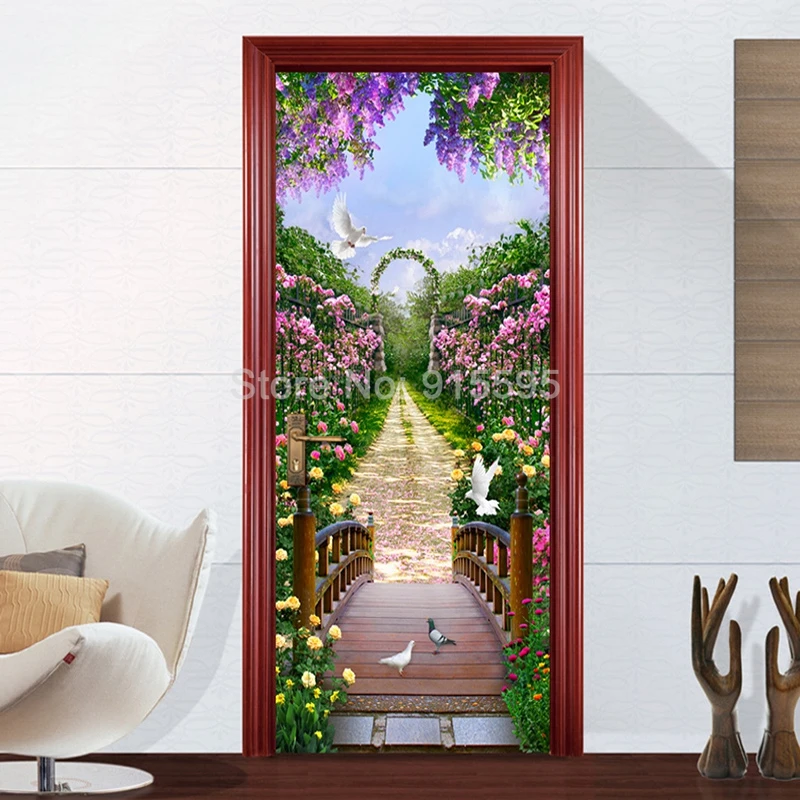 LuSeven vinilos puertas Puente de madera mar plantas flores. 95x215cm(37.4  inches * 84.64 inches) Mural