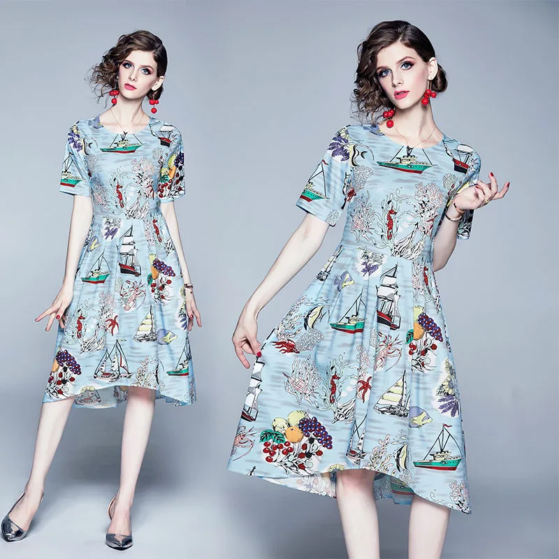

Women Summer Mid Dress 2019 Loose Casual Elegant Dress Print Boat Short Sleeve Runway High Quality Vestidos de verano robe