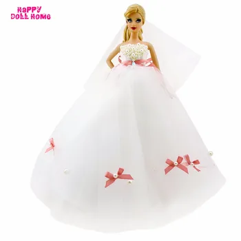 

White Gorgeous DIY Handmade Wedding Dress With Copy Pearl Beads Bridal Veil Bowknot Gown Princess Clothes for Barbie Doll FR Toy