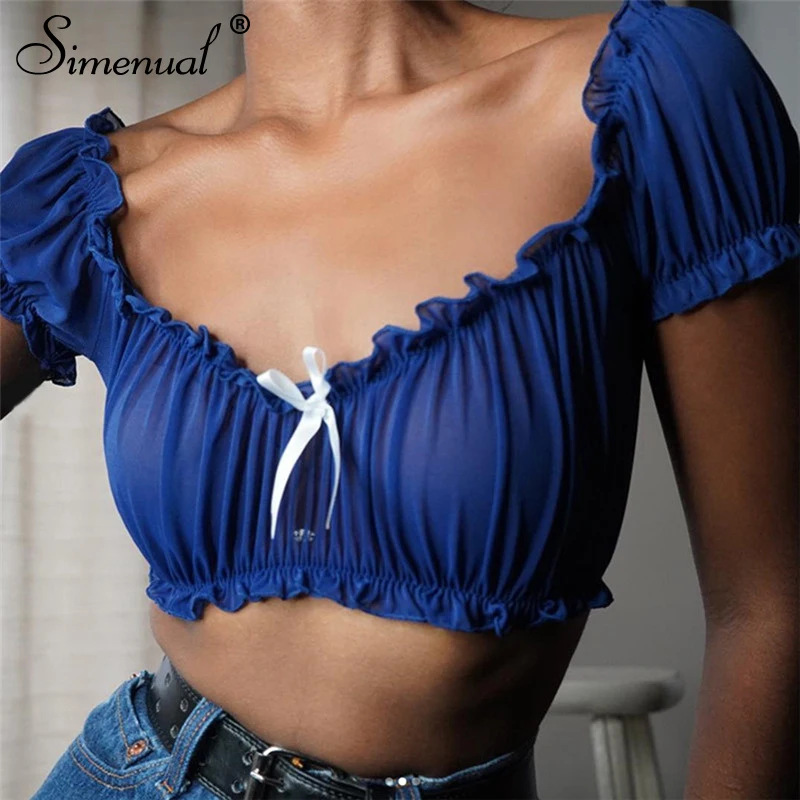 

Simenual Ruffles Transparent Sexy Women Blouse Shirt Short Sleeve Mesh Casual Shirts Ruched Summer Casual Crop Top 2019 Fashion