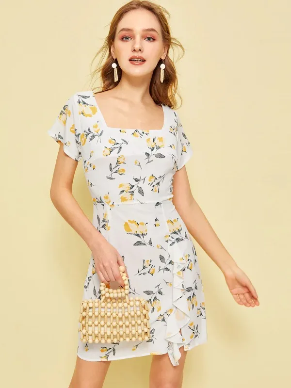 

Summer Dress Women Flower Print Floral Mini Dress Ruffles Slim Backless Square Collar Slash Neck Short Sleeve vestidos D94991