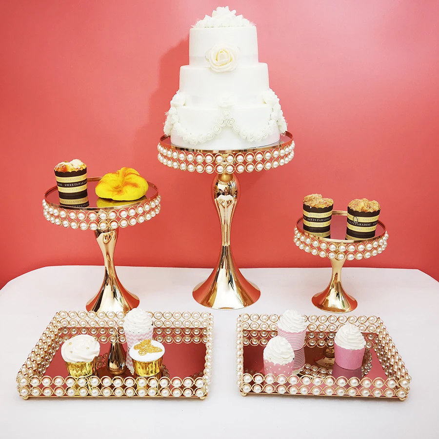 

5pcs/ set pearPearl cake stand set paper cup holder mirror decorative plate high-end wedding supplies