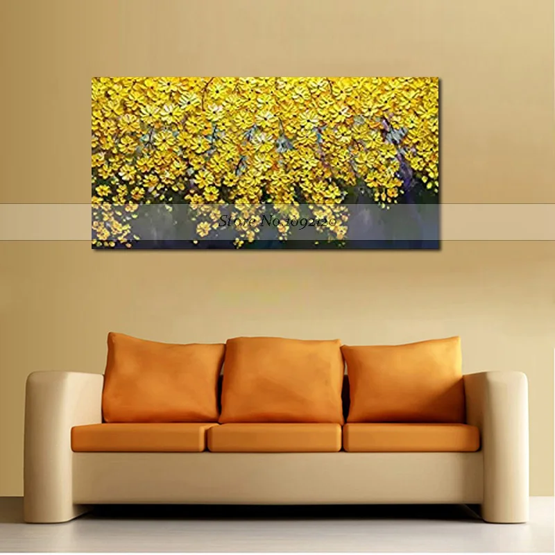 

Handmade Amazing Art Knife Oil Paintings on Canvas Gold Yellow Combined Such Light Bloom Tree Landscape Hang on the Wall