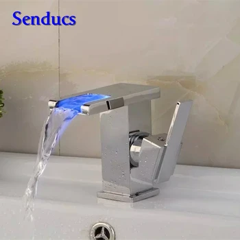 

Free shipping High quality LED basin sink mixer tap with deck mounted solid brass bathroom basin sink LED waterfall mixer taps