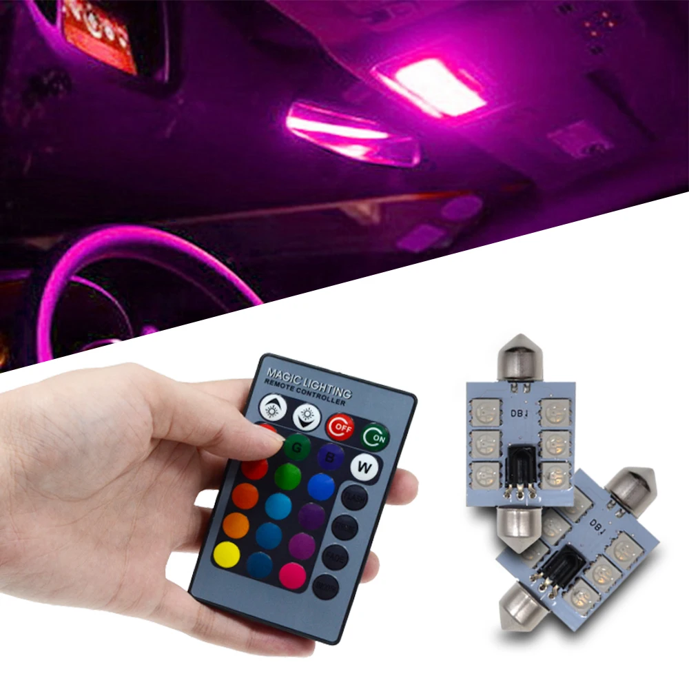

2pcs RGB 5050 6SMD 41mm Festoon Light c5w Dome Light Car Led Automobile Auto Remote Controlled Colorful Lamp Roof trunk Bulbs