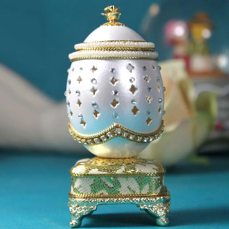 

Valentine's Day Gift White Pearl Diamond Royal Faberge Egg Music Box Jewelry Box Luxury Music Box Castle In The Sky for Women
