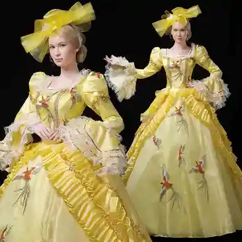 

Women embroidery yellow Medieval Victorian costume dress with hat cosplay party prom dress outfit