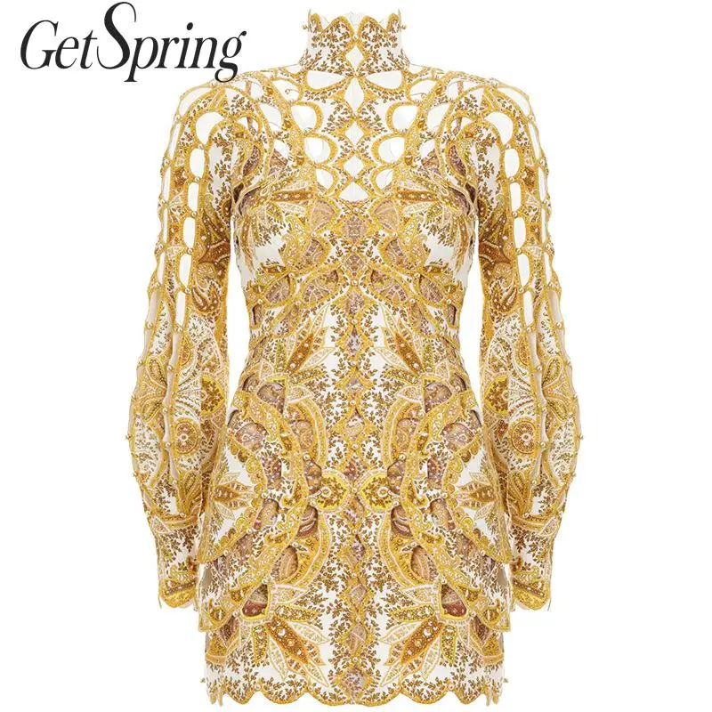 

GetSpring Women Dress Stand Collar Long Sleeve Print Dresses Hollow Out Bead Sexy Dress Puff Sleeve Vintage Dresses With Sling