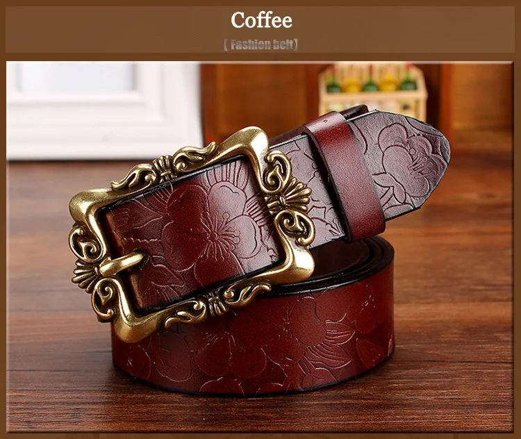 Wide Genuine Leather Belts For Women Vintage Floral Pin Buckle Belt