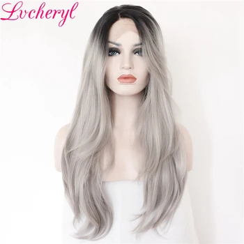 

Lvcheryl Ombre Grey Color Natural Long Wave Hand Tied Heat Resistant Synthetic Lace Front Wigs for Women Cosplay Wedding