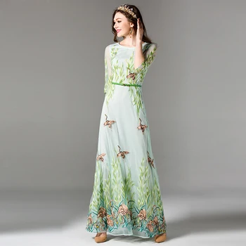 

High quality 2017 new women's runway summer maxi dress Half sleeve embroidery amazing Floor - Length dress