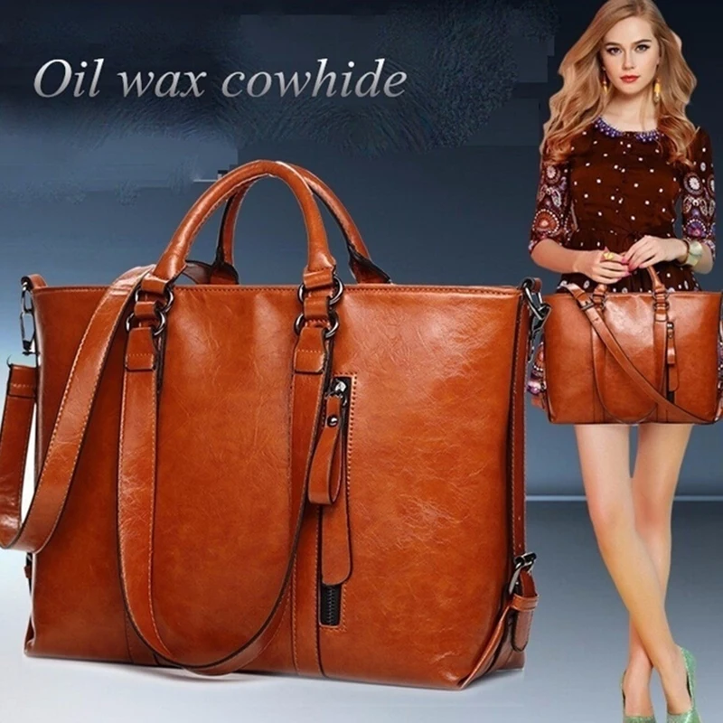 

New Women Handbag Europe And America Oil Wax Leather Shoulder Bag Solid Casual Tote Fashion Brand Leather Women Bag