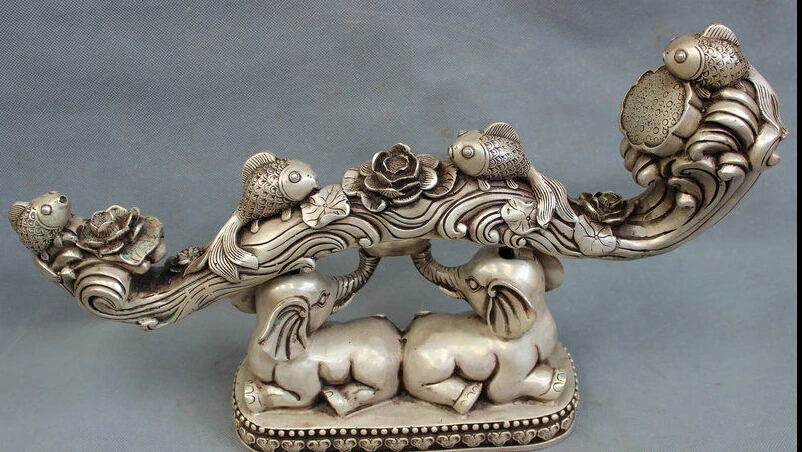 

Free Shipping zhaomeirui66++18" Chinese Silver Decoration Fish Lotus RuYi On Elephant Wealth YuanBao Statue