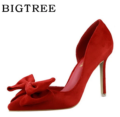 

BIGTREE Genuine Pumps Women's Shoes New 9.5cm Korean Butterfly-knot Shoes Shallow Mouth Velvet Side Hollow High Heels