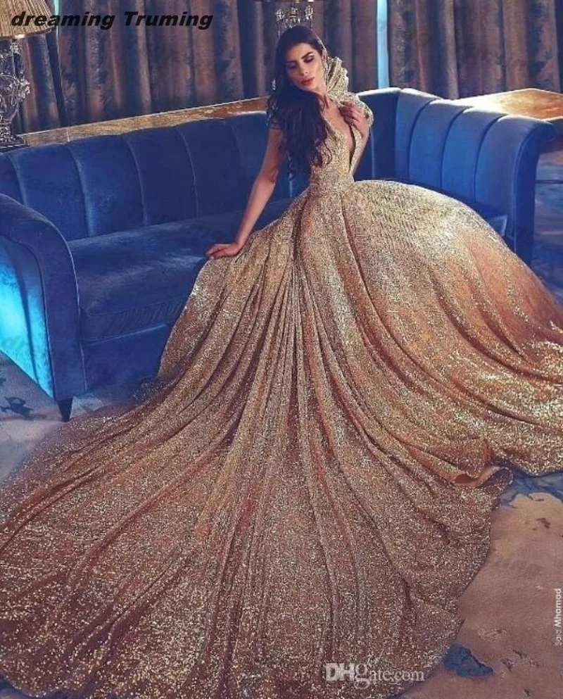 

Arabic Gold Ball Gown Prom Dress 2019 Halter Neck Sequined Backless Royal Train Party Evening Gowns Formal Deress