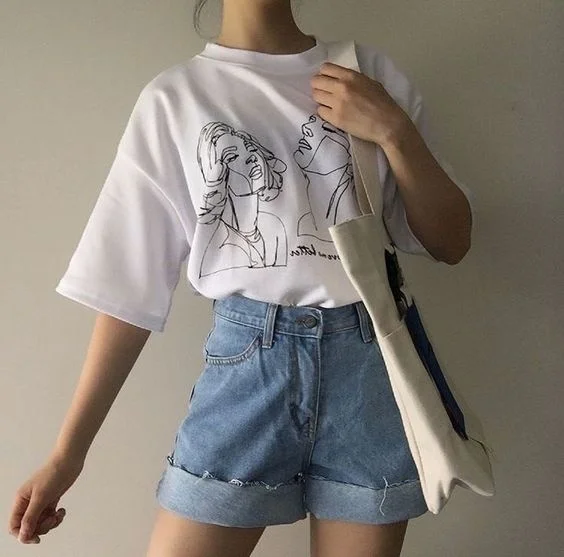 Kaufen Kuakuayu HJN Frauen Koreanische Mode Kunst Zeichnung T Shirt Nette Ulzzang Übergroßen Weiß T Straße Stil Shirt