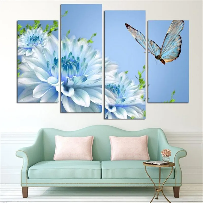 4 Panel Blue Chrysanthemum And Butterfly Flower Wall Art Canvas Painting Modern Picture For Living Room Decoration Home Decor | Дом и сад