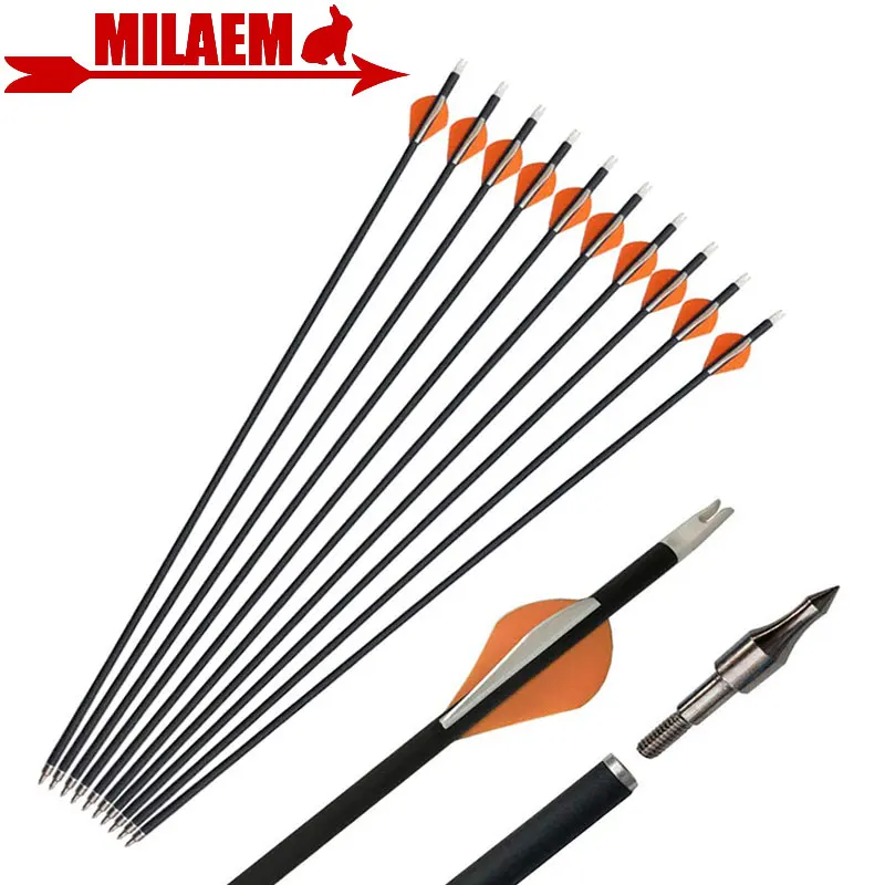 

6/12pcs Archery Pure Carbon Arrow Spine 400 ID6.2mm Replace Arrowhead Rubber Feather Compound Recurve Hunting Accessories
