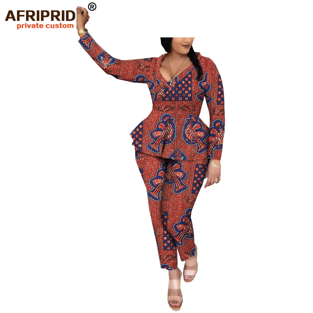 Африканский Дашики 2 шт брюки набор для женщин AFRIPRIDE полный рукав топ+ длина лодыжки брюки Повседневный Женский хлопковый комплект A1926002 - Цвет: 371J