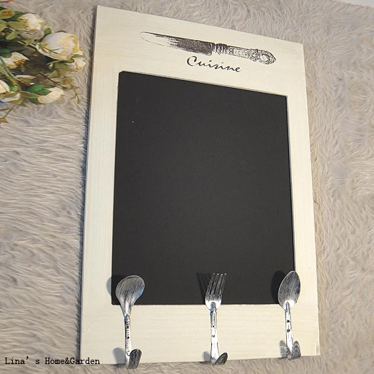 cutlery theme vintage ivory white paint wood wall blackboard hooks