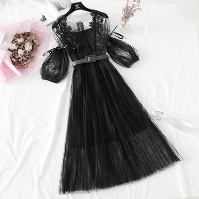Новинка, модное весеннее женское платье с цветочным рисунком и рукавами-фонариками, летнее платье из двух частей, длинное сексуальное платье, одежда Vestidos WZ761 - Цвет: Черный