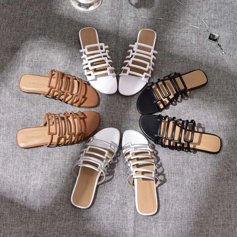 

19SS Hollow Out Open Toe Summer Slippers Outside Slip On Soft Flats Slides Beach Shoes Fashion Antiskid Casual Woman Shoes