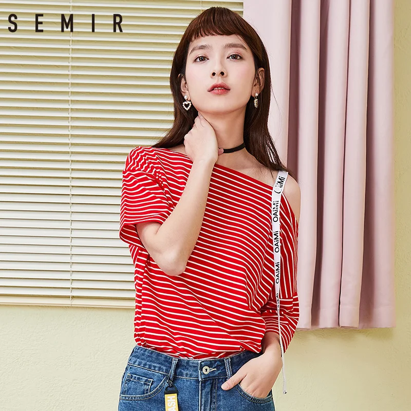 سمير النساء T قميص قبالة الكتف قمم للنساء القطن المحملة قميص فام Camisetas موهير المتناثرة شريط القمصان الصيف