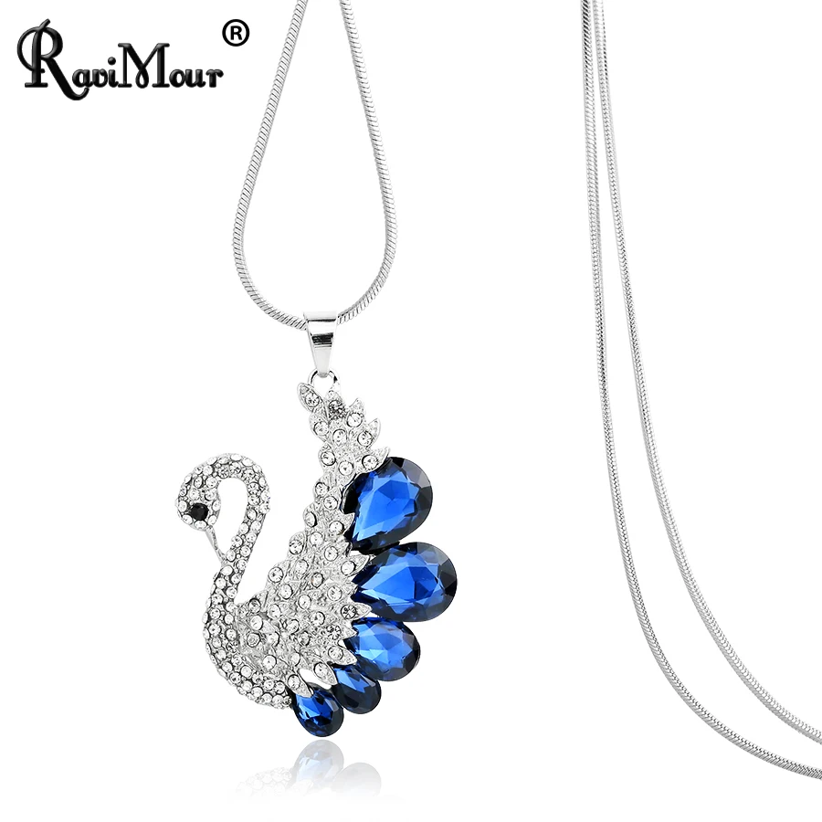 

RAVIMOUR Elegant Swan Blue Crystal Necklaces for Women Fashion Long Chain Animal Pendant Necklace Jewelry Maxi Collar Party Gift