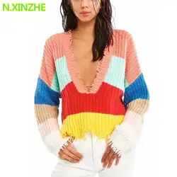 2018 женская одежда Длинные рукава v-образным вырезом полосатый свободный свитер короткие топы женской моды случайные свободные пуловеры