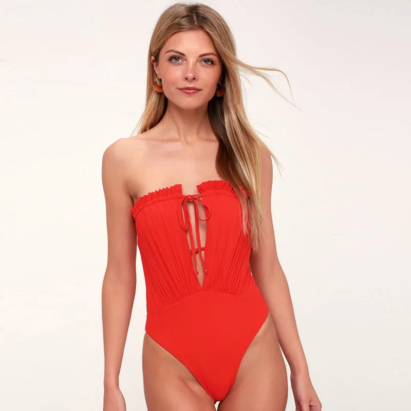 Sexy Ruffles One-piece Swimsuit Off Shoulder Bandage Swimwear 2020 New Deep V High Cut Women Beach Wear Monokini | Спорт и