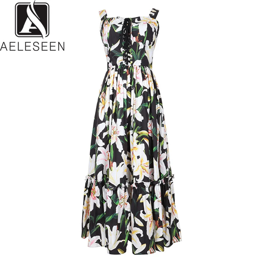 

AELESEEN High Quality Spaghetti Strap Dress Women Summer 2019 Vintage Design Lace 100% Cotton Lily Printed Midi Dresses