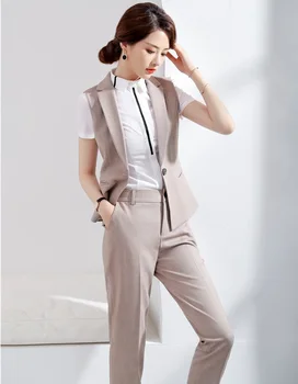 

Elegant Apricot Uniform Designs Women Blazers Pantsuits With Tops and Pants For Ladies Office Vest & Waistcoat Female Work Sets