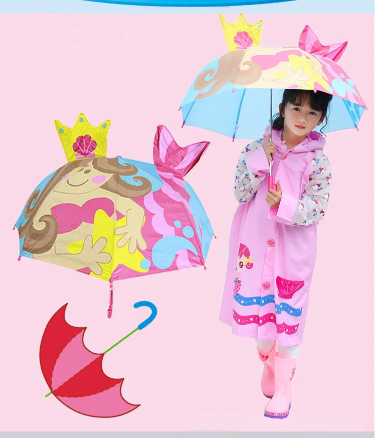 Детский зонтик с длинными ручками и рисунком дождя с 3D принтом животных, милый зонт для мальчиков и девочек, защита от солнца, Детские уличные инструменты YS050