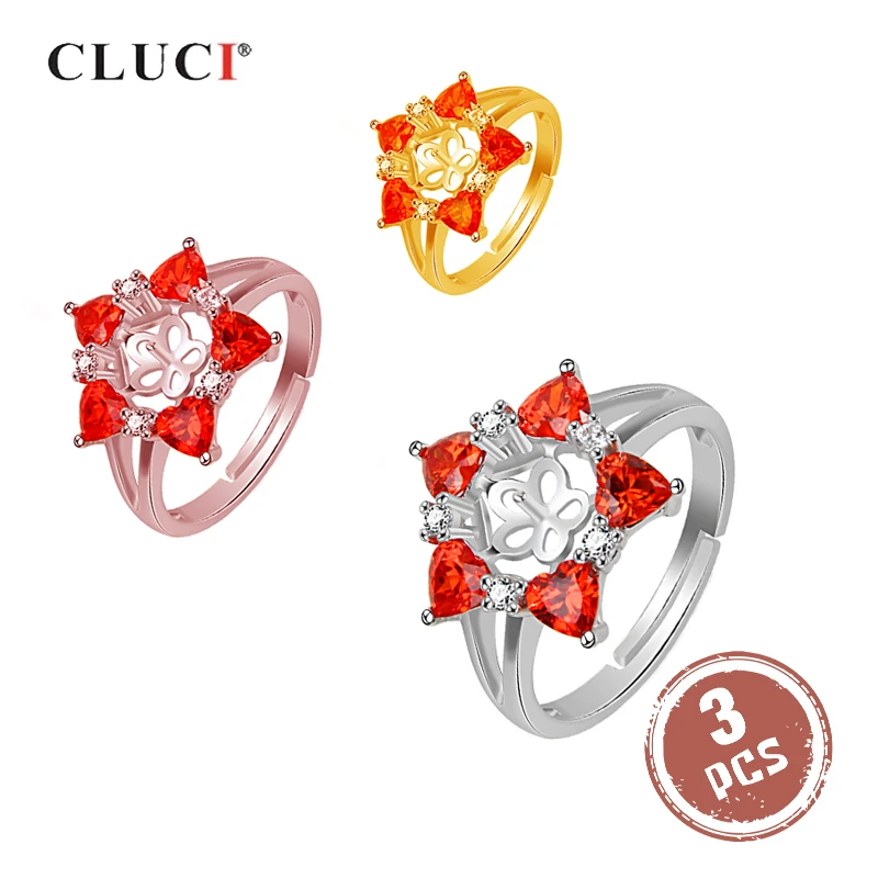 

CLUCI 3pcs 925 Sterling Silver Adjustable Red Flower Ring Women Pearl Ring Mounting Wedding Engagement Ring Jewelry SR2082SB