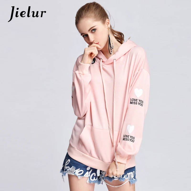 Chic Plus Size Hooded Letters Loving Heart Embroidery Pink Hoodies