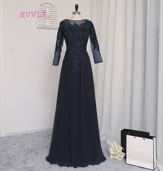 

HVVLF Navy Blue Evening Dresses 2019 A-line Long Sleeves Chiffon Appliques Beaded Long Evening Gown Prom Dress Prom Gown