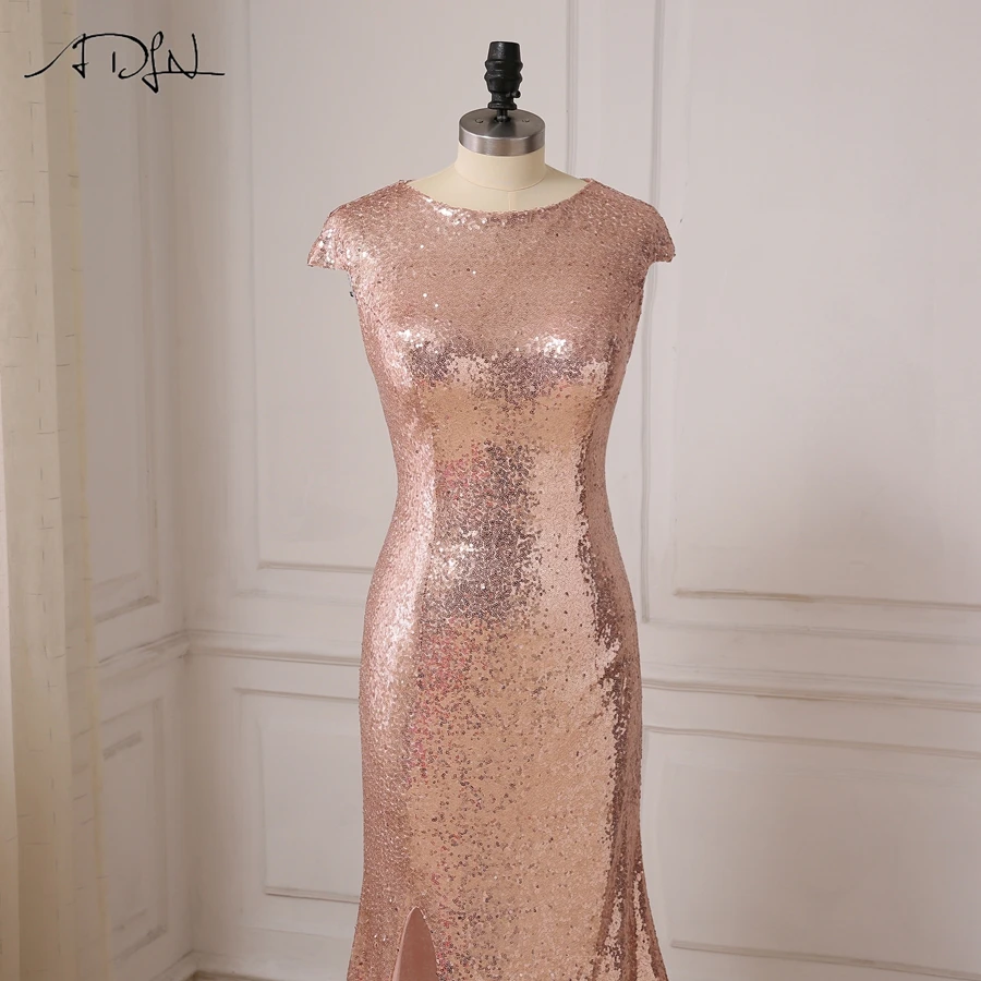 ADLN Дешевое розовое Золотое платье для выпускного с пайетками, о-образным вырезом, тонкое вечернее платье с разрезом, длина до пола, Vestidos de Fiesta