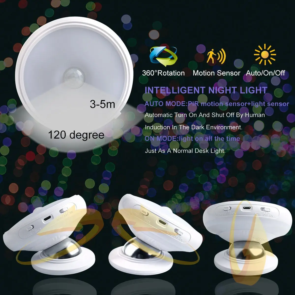 Ночной светильник с датчиком движения, съемная Магнитная база, перезаряжаемый через USB светодиодный, индукционный Ночной светильник с вращением на 360 градусов