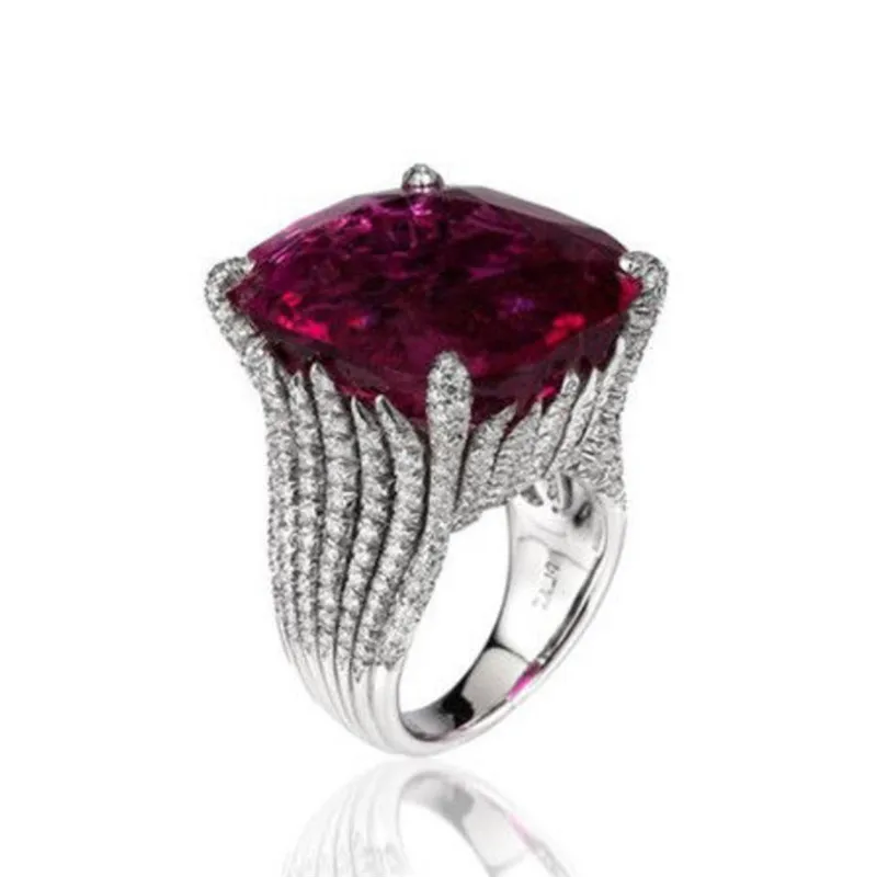 

ROMAD Large Purple Stone Promise Engagement Rings Bright Silver Stripe Rings Wedding Rings for Women Girl Party Ring Jewelry R4