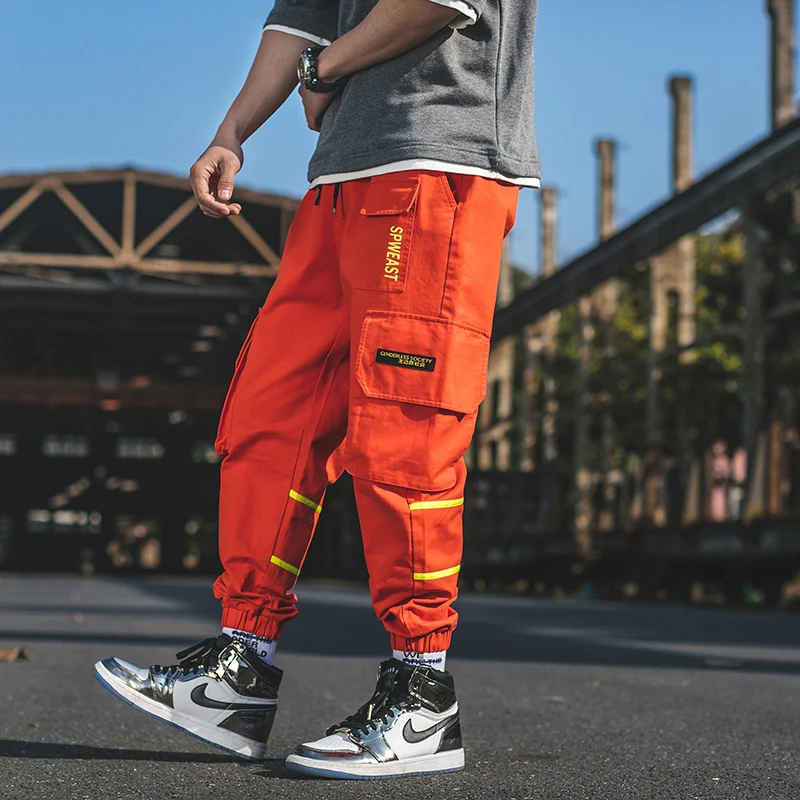 Cargo Pants Men Cotton Many Pockets Stretch Flexible Man Casual Trousers Black Orange Elastic Banded Baggy Pants Jogger Trousers