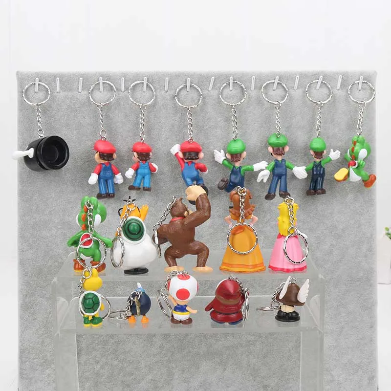 Super Mario 18pcs/set PVC Super Mario Bros keychain Luigi Yoshi Peach Mushroom Toad Shy Guy Action Figures Gift OPP retail
