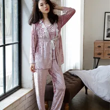 3 шт., повседневные пижамы для женщин, весна-осень, кружевное ночное белье, ночная рубашка, Пижамный костюм, Pijamas Mujer, домашняя одежда, Pyjama Femme