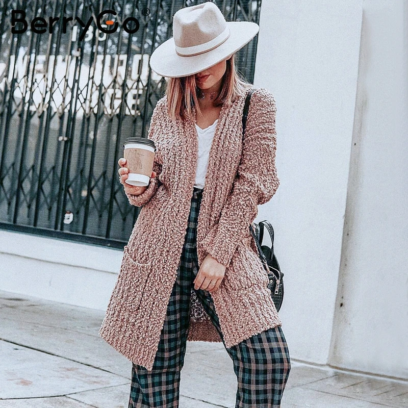 

BerryGo Chenille warm knitting cardigan women sweater Casual oversized fashion long cardigan 2018 Tricot winter sweaters