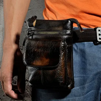 

Men's Oil Wax Genuine Leather Crossbody Waist Bag Wipe color High Quality Hook Belt Fanny Pack Casual Shoulder Messenger Bags