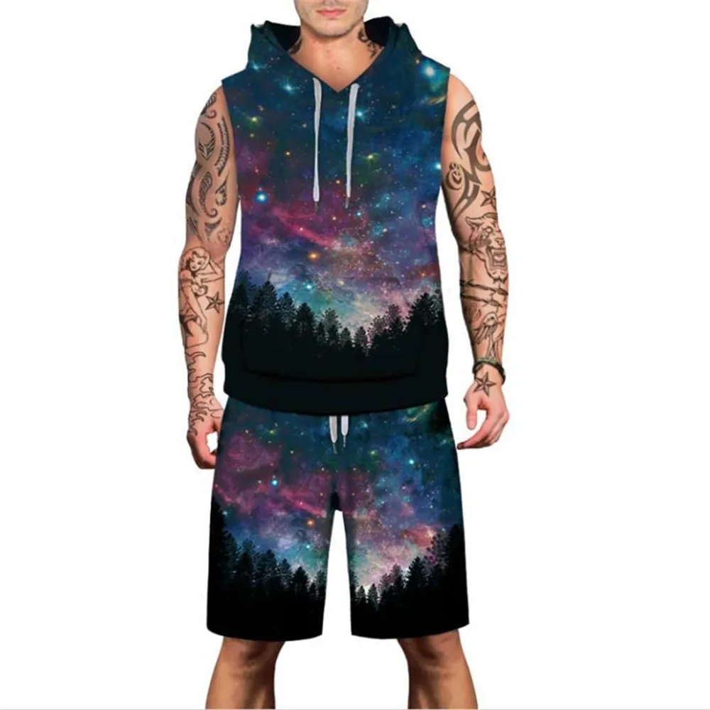 Мода Звездное небо с Для мужчин 3d комплект Для мужчин Galaxy печати HoodyTracksuit высокое качество мужской Sprotwear топы и шорты устанавливает новый 2019