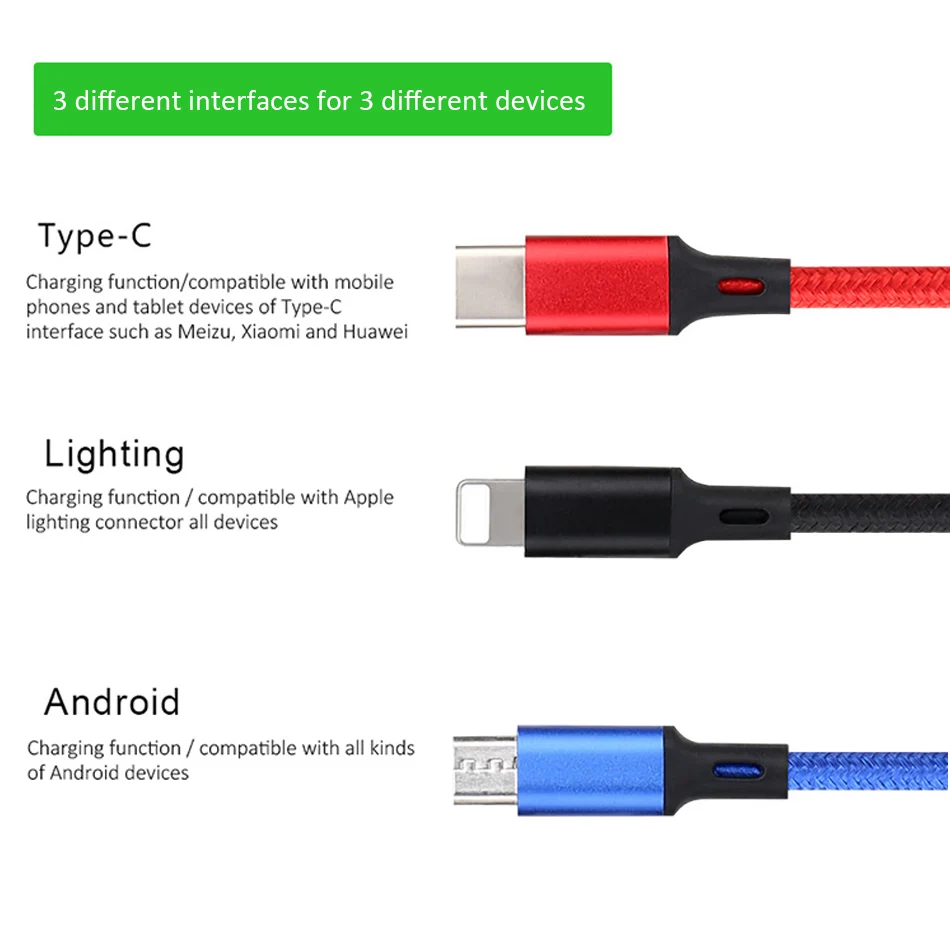 NOHON Nylon 3 In 1 Lighting Charger Cable For iPhone X 7 8 6 Plus Micro USB Type C For Samsung Xiaomi 5 Universal Fast Charging (4)