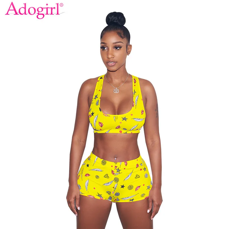 

Adogirl Lip Leaf Print Women Tracksuit Cropped Tank Top and Shorts Sporting Two Piece Set Gym Fitness Outfits Sexy Club Suits