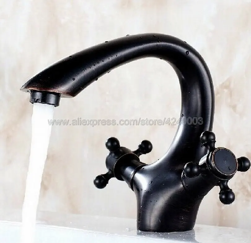 

Black Oil Rubbed Bronze Double Handles Deck Mounted Bathroom Vessel Sink Basin Tap Faucet Knf040