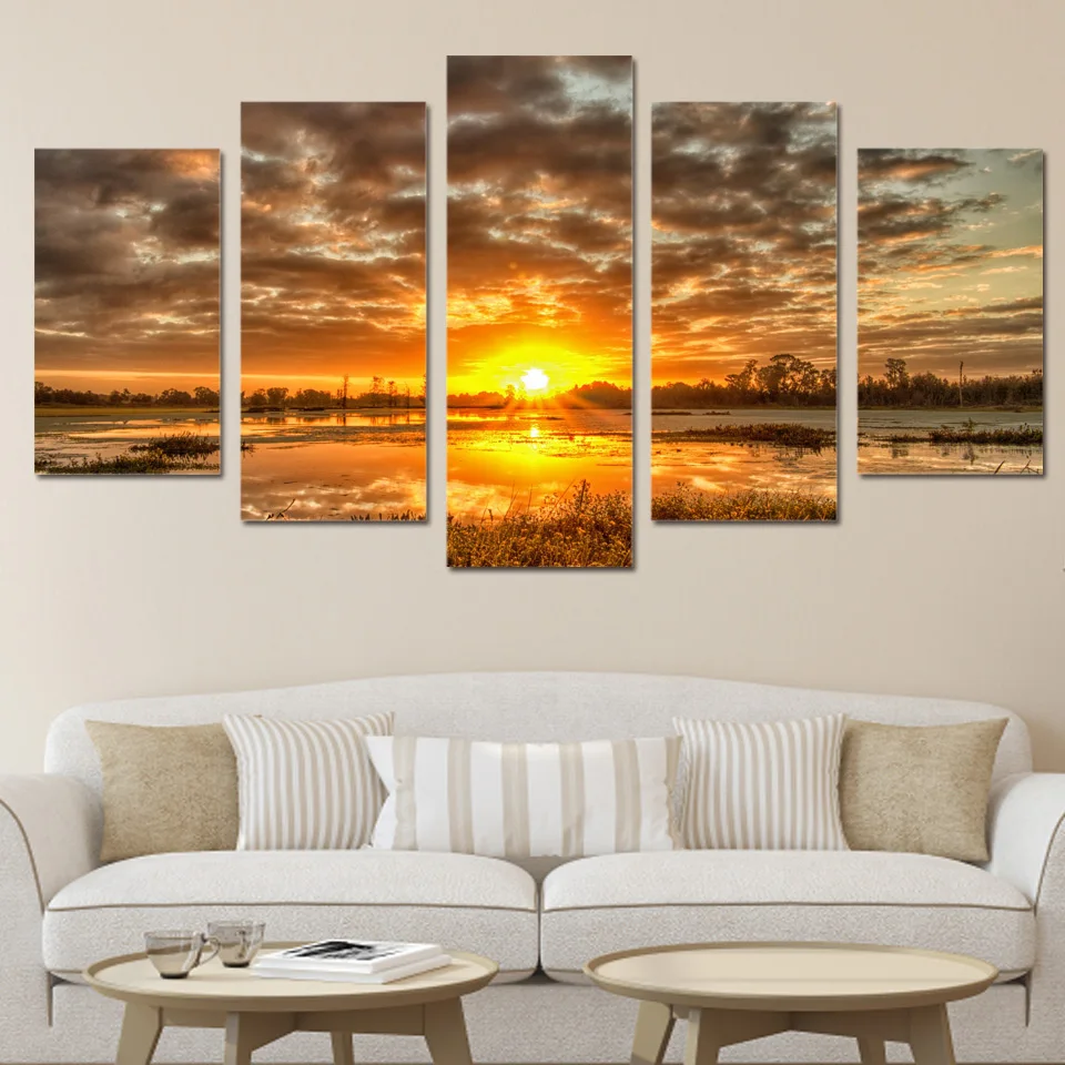 Modern home wall art decor unframed modular picture 5 pieces sunrise morning lake landscape hd 